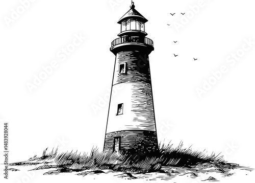 Black and white illustration of a lighthouse with birds flying overhead. Vector illustration in sketch style
