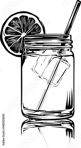 Black and white sketch of a lemonade jar with lemon slice and straw. Vector illustration