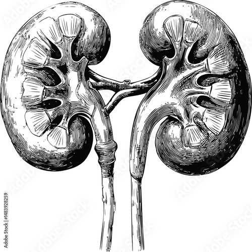 Vintage anatomical illustration of human kidneys in black and white etching. Vector illustration in sketch style