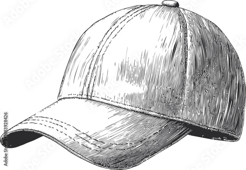Illustration of a detailed baseball cap in black and white sketch style. Vector illustration