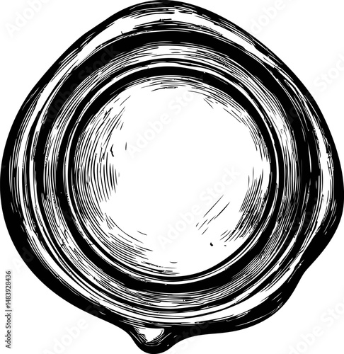 Black and white sketch of a round wax seal stamp with detailed texture. Vector illustration in sketch style