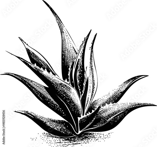 Detailed black and white illustration of an agave plant with sharp leaves. Vector illustration in sketch style