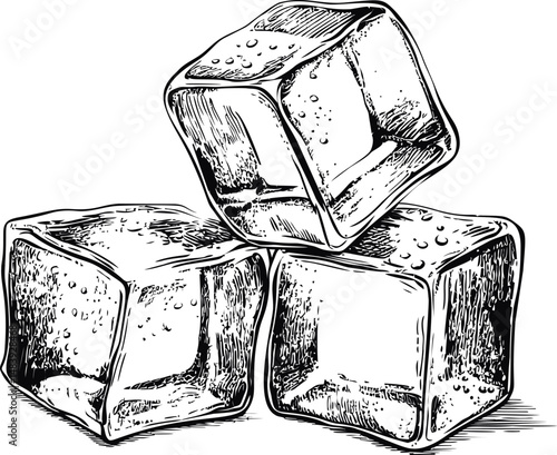 Sketch of three detailed ice cubes with reflections and bubbles, monochrome art. Vector illustration