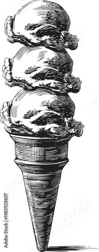 Hand-drawn black and white ice cream cone with three scoops. Vector illustration in sketch style