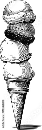 Black and white drawing of four scoops of ice cream on a cone, vintage style. Vector illustration in sketch style