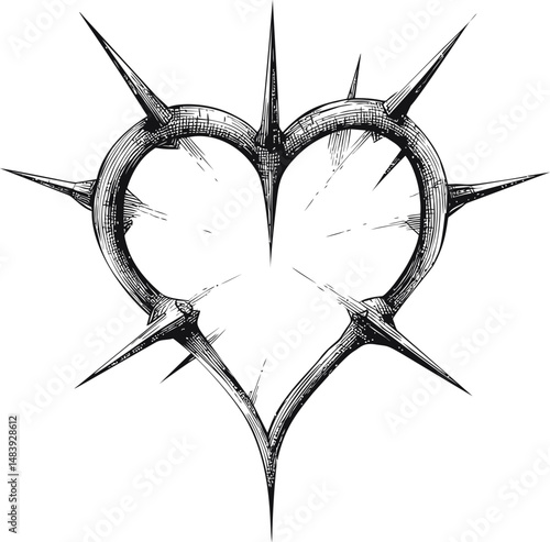 Heart made of thorns with sharp spikes in black and white illustration. Vector illustration in sketch style