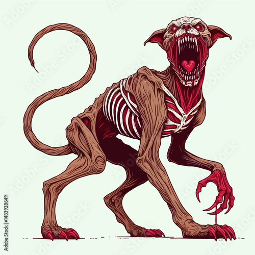 Dehumanized Beast: A chilling depiction of a grotesque, demonic creature, blending animalistic and human features in a terrifying illustration.