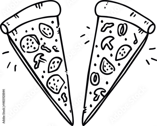 Two slices of pizza with toppings in black and white line drawing. Vector illustration