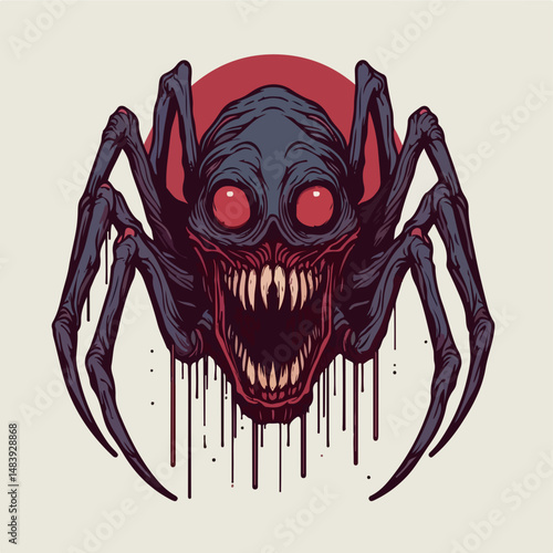 Nightmarish Arachnid: A terrifying illustration of a monstrous spider-like creature with glowing red eyes and sharp fangs, dripping with a mysterious substance against a blood-red sun.