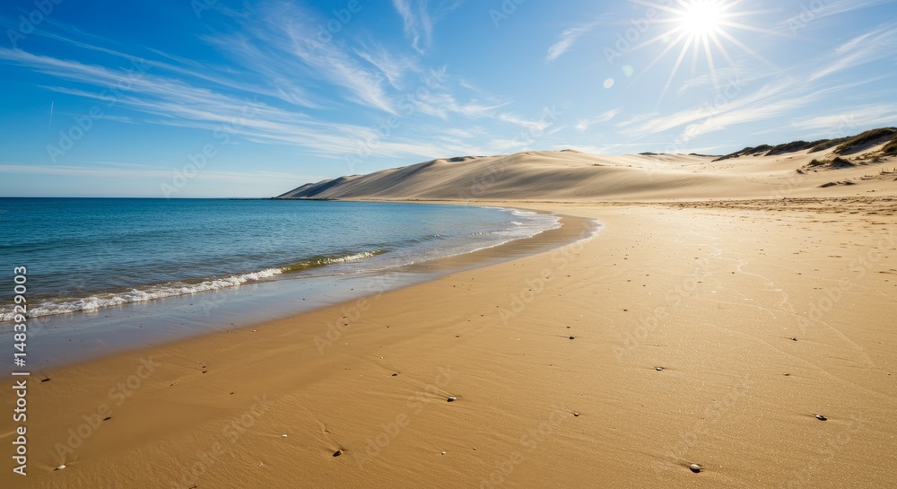Fototapeta premium Sunny Beach and Sand Dunes Landscape - Serene coastal scene featuring a pristine beach, gentle waves, and majestic sand dunes under a bright sun. Ideal for travel, vacation, and nature themes