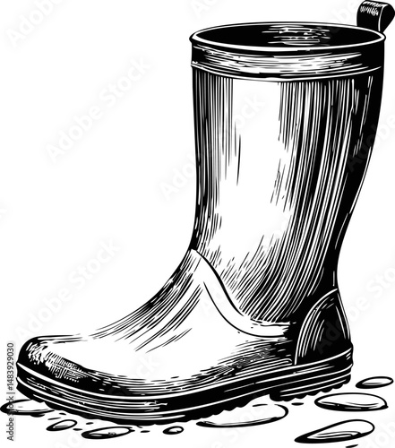 Black and white illustration of a rubber boot standing in a puddle, artistic sketch. Vector illustration