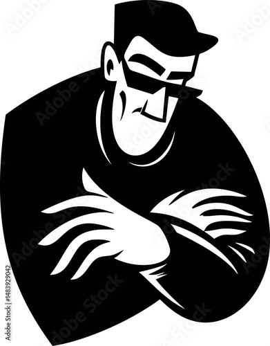 Strong man in sunglasses with crossed arms in black and white. Vector illustration in sketch style