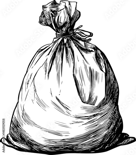 Black and white sketch of a tied garbage bag, hand-drawn art. Vector illustration