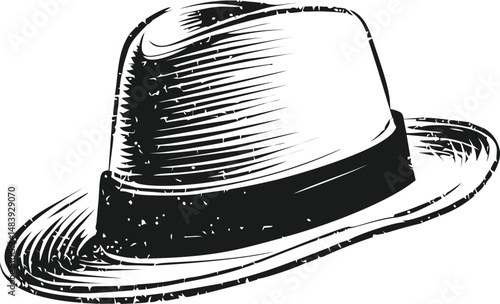 Retro black and white illustration of a classic fedora hat, vintage fashion. Vector illustration in sketch style