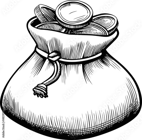 Vintage illustration of a money bag with coins spilling out sketch drawing. Vector illustration