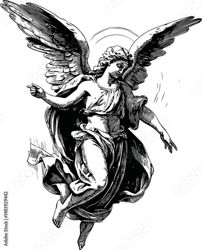Ink drawing of an angel in motion with detailed wings and flowing robes. Vector illustration in sketch style