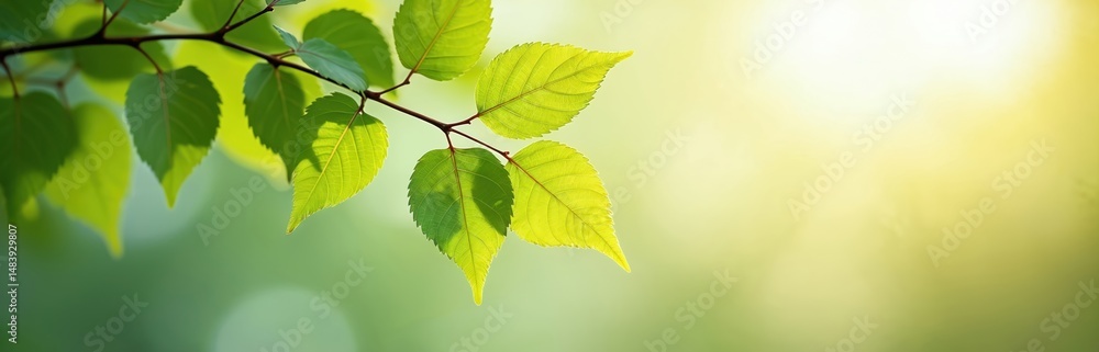Fototapeta premium Close-up of vibrant green leaves on branch in bright sunlight. Photo creates atmosphere of serenity in nature. Background blurred, highlighting fresh foliage, tranquil colors. Ideal for eco projects.
