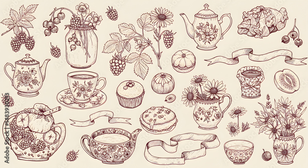 Whimsical floral and food illustrations in ink style. Delicate drawings of berries, teacups, wildflowers and ribbons with a fairytale-like charm Whimsical floral and food illustrations in ink style. Delicate drawings of berries, teacups, wildflowers and ribbons with a fairytale-like charm