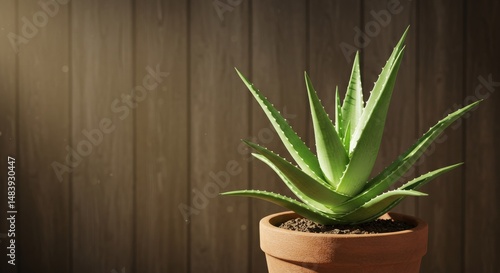 Wallpaper Mural Vera Plant in Rustic Pot Serenity - Aloe vera plant in terracotta pot, symbolizing peace, nature, growth, health, and tranquility. Rustic wooden background enhances the serene atmosphere Torontodigital.ca