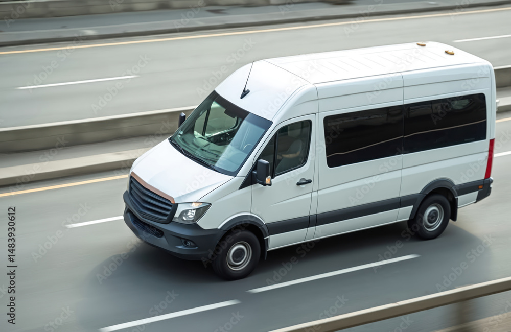 Naklejka premium White minivan drives city highway. Transportation, cargo, passenger transport business, commercial service, freight delivery. Car moving fast on street, logistic concept, auto travel. City traffic in