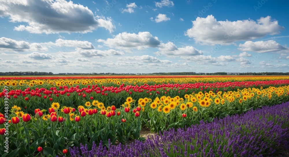 Vibrant Flower Field Landscape - Serene landscape of colorful tulips, sunflowers, and lavender under a bright blue sky. Symbolizing beauty, growth, peace, harmony, and abundance Vibrant Flower Field Landscape - Serene landscape of colorful tulips, sunflowers, and lavender under a bright blue sky. Symbolizing beauty, growth, peace, harmony, and abundance
