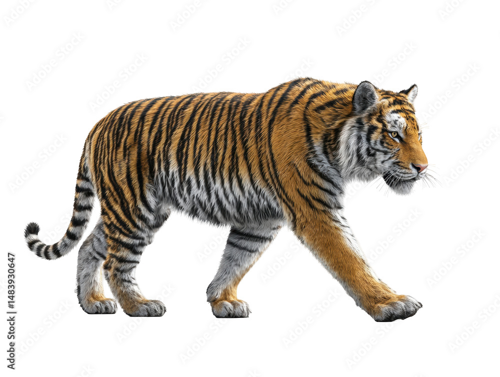 Obraz premium Walking tiger Isolated on White Background majestic predator in motion wildlife illustration