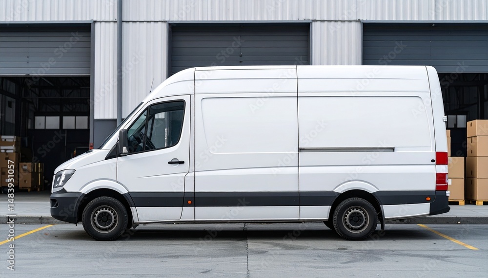 White Delivery Van in Front of Warehouse (Side View) White Delivery Van in Front of Warehouse (Side View)