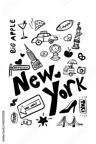 New York hand drawn illustration, NY icons, big apple, NY taxi, NY cab, Liberty statue, New York drawings, landscape, Manhattan, 