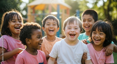 Diverse group of children laughing together outdoors in sunlight. Kids with Down syndrome and different ethnicities enjoying playground. Inclusion concept. Friendship without boundaries. Childhood joy