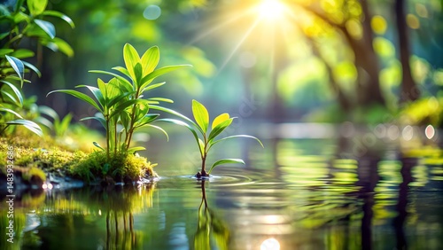green leaves reflecting in water
