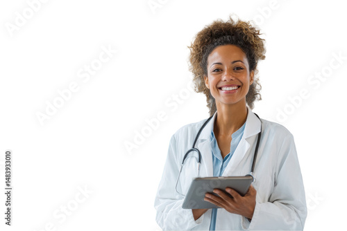 Smiling African American doctor holding a tablet wearing a white coat and stethoscope Isolated on White Background