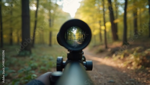 Sniper scope view focusing target. Forest environment daylight. Autumn colors. Military weapon aiming. Marksman precision shooting training exercise. Tactical strategy, combat, hunting, adventure,
