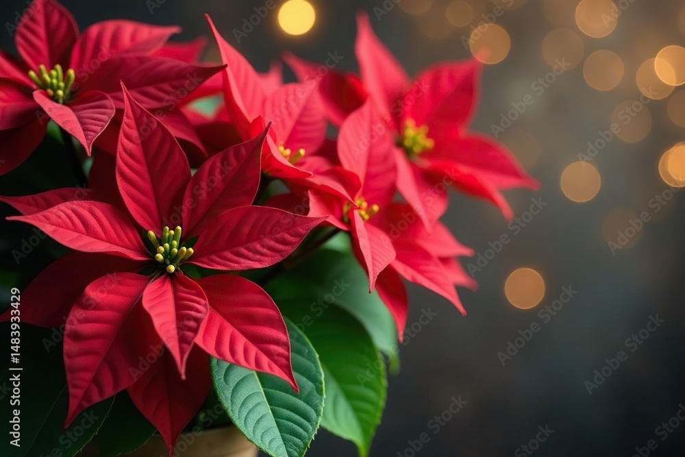 Vibrant red poinsettia blooms in a festive Christmas arrangement , plant, festive Vibrant red poinsettia blooms in a festive Christmas arrangement , plant, festive
