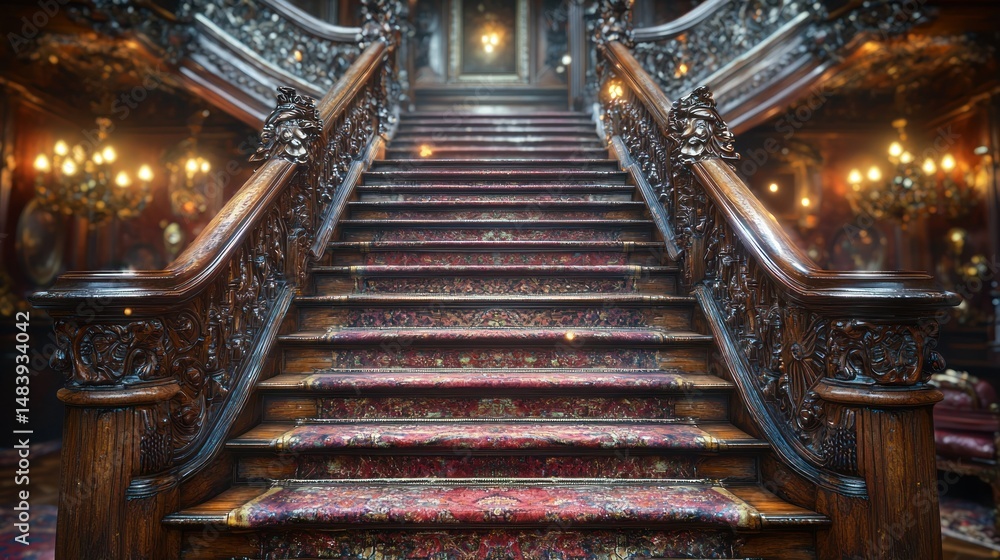 Obraz premium Ornate stairs inside a mansion with decorative banisters