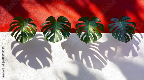Vibrant Monstera Leaves on Red and White Wall