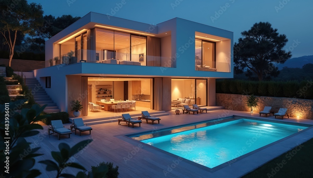Fototapeta premium Modern luxury house with pool at night. Contemporary architecture design, illuminated windows. Suburban residential real estate property. Evening city view. Dream lifestyle vacation home. Minimalist