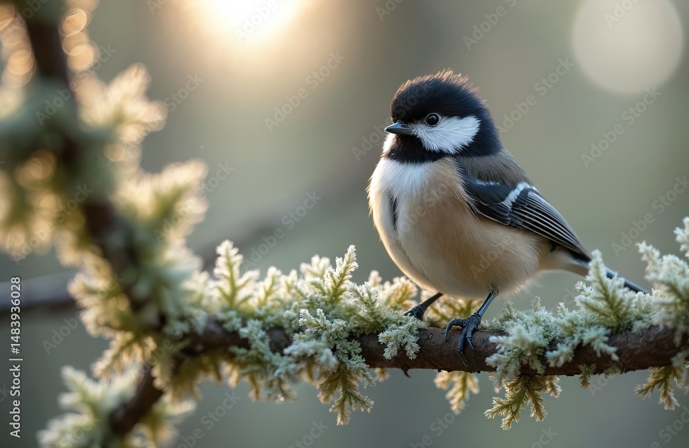 Fototapeta premium Close-up of adorable Willow tit bird perched on branch covered with lichen. Songbird in natural habitat, Valtavaara near Kuusamo Finland, featuring avian fauna. Nature, wildlife, ornithology, perfect