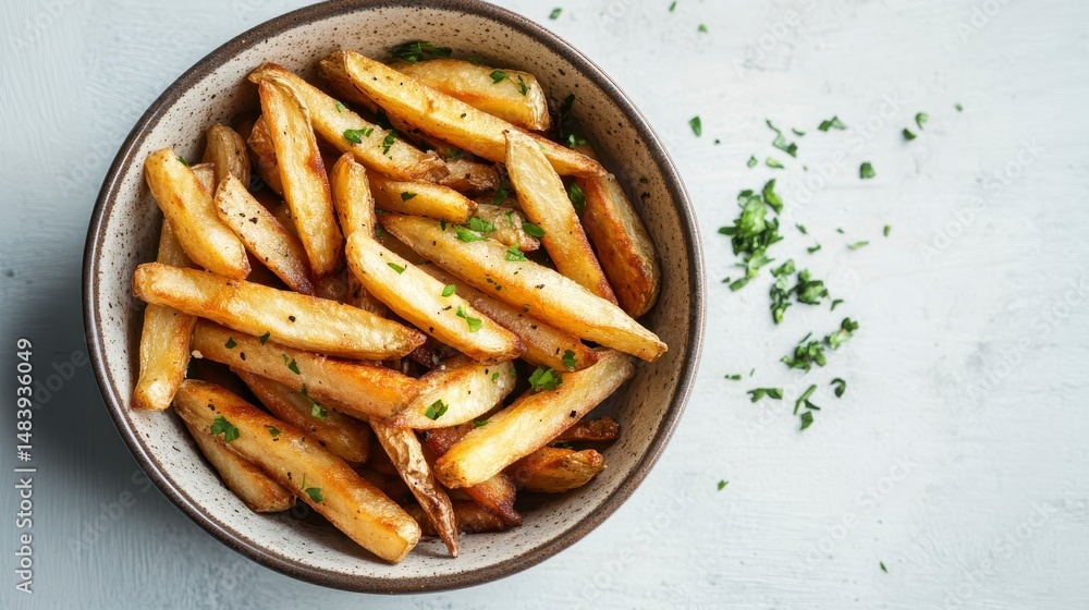 A bowl of golden-brown, crispy french fries garnished with fresh herbs on a light gray background. A bowl of golden-brown, crispy french fries garnished with fresh herbs on a light gray background.