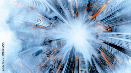 Abstract futuristic cityscape with skyscrapers and a radial blur effect, creating a dynamic explosion of light and energy.