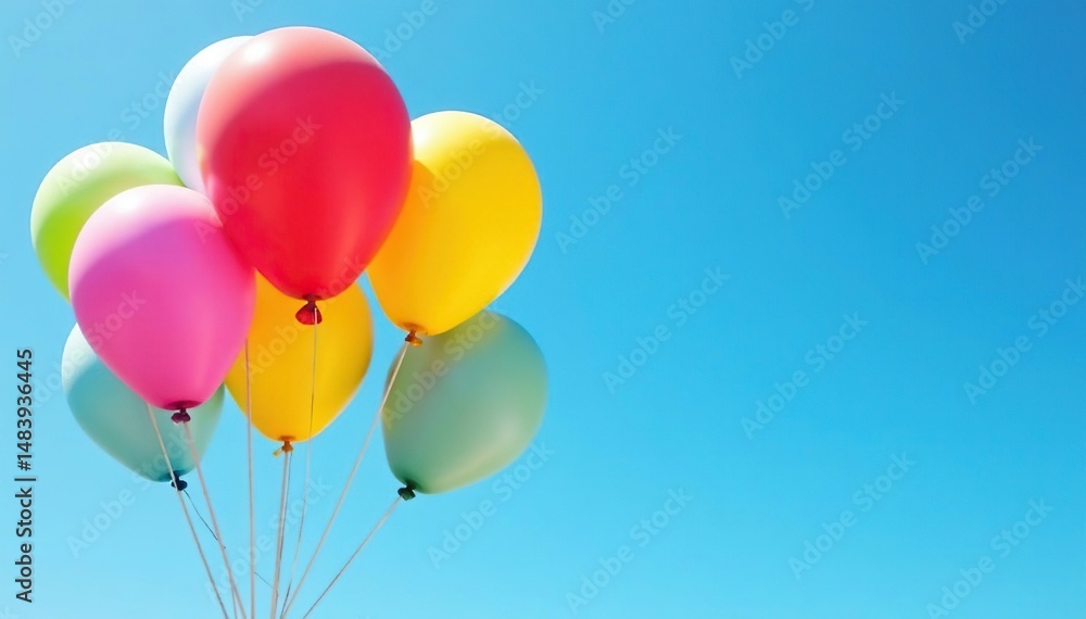 Vibrant rainbow colored balloons floating against a clear blue sky , gleaming, celebration, vivid Vibrant rainbow colored balloons floating against a clear blue sky , gleaming, celebration, vivid