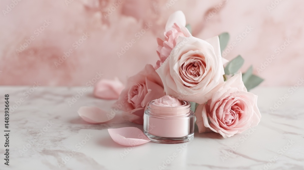 Elegant makeup jar surrounded by soft pink roses on a marble background creating a minimalistic beauty aesthetic Elegant makeup jar surrounded by soft pink roses on a marble background creating a minimalistic beauty aesthetic