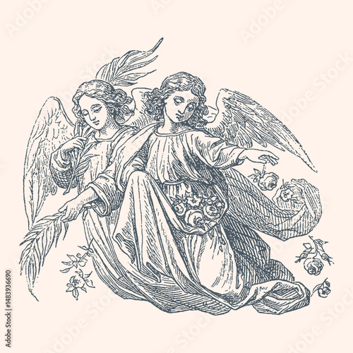 Two angels are sitting on a white background