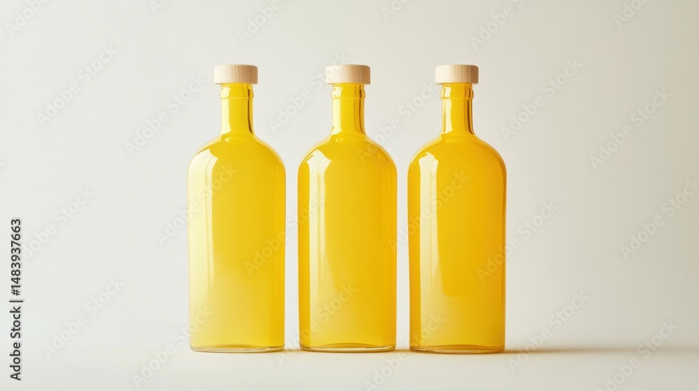 Minimalist presentation featuring three sunny-yellow glass bottles Minimalist presentation featuring three sunny-yellow glass bottles