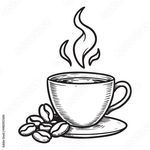 A black and white doodle of a steaming cup of hot beverage on a saucer, possibly tea or coffee. Created with AI