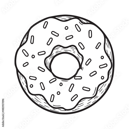 A playful sketch of a round donut with glaze topping in black and white doodle art style