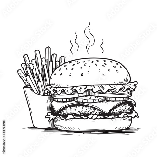 Wallpaper Mural A hand drawn sketch of a burger with lettuce and tomato alongside a serving of fries in fun doodle style. Torontodigital.ca