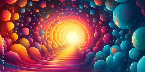 The abstract illustration showcased a cartoon scene of a happy, rainbow-filled world, with colorful colors and vibrant circles filling the psychedelic