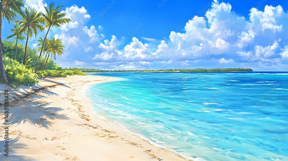 Fototapeta premium Serene Tropical Beach Scene Palm Trees Sunny Sky Ocean