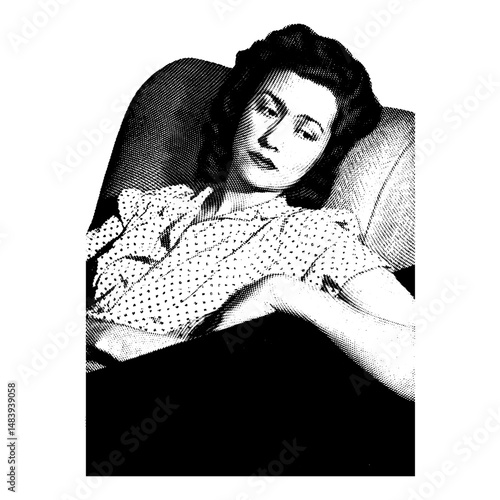 Vintage halftone illustration of a woman reclining on a chair, lost in thought. A nostalgic, classic artwork conveying contemplation, melancholy, or relaxation, perfect for retro and artistic designs.