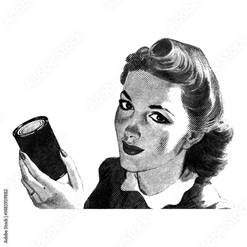 Vintage halftone illustration of a cheerful woman holding a canned product. A classic retro advertisement-style artwork, reminiscent of 1950s commercial prints, perfect for nostalgic and marketing 